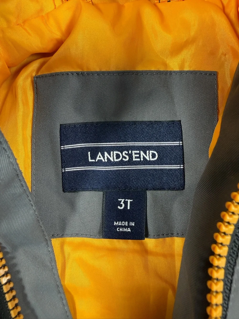 LANDS’ END Boys Hooded Insulated Colorblock Jacket Gray Black Orange Size 3T